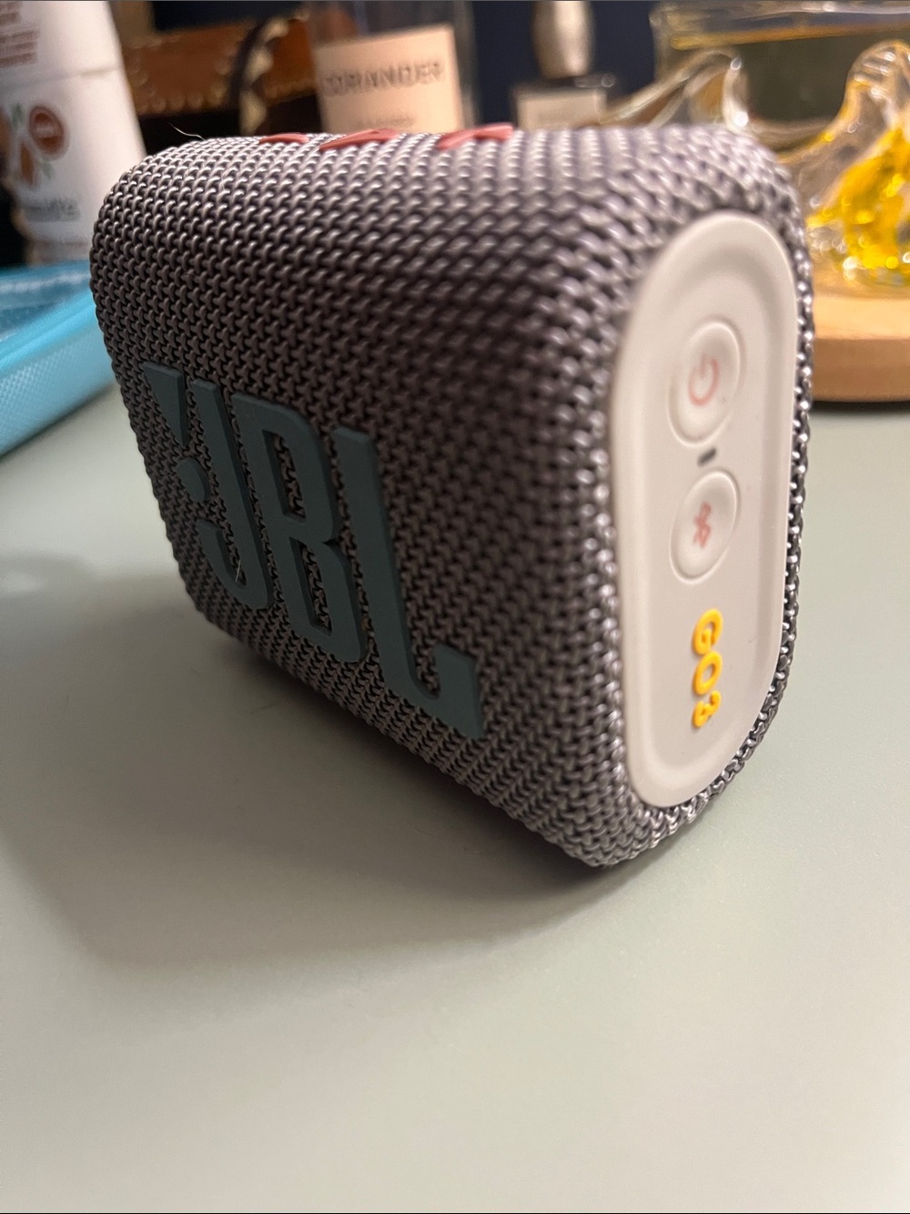 JBL Gray Portable Bluetooth Speaker with Yellow Accent